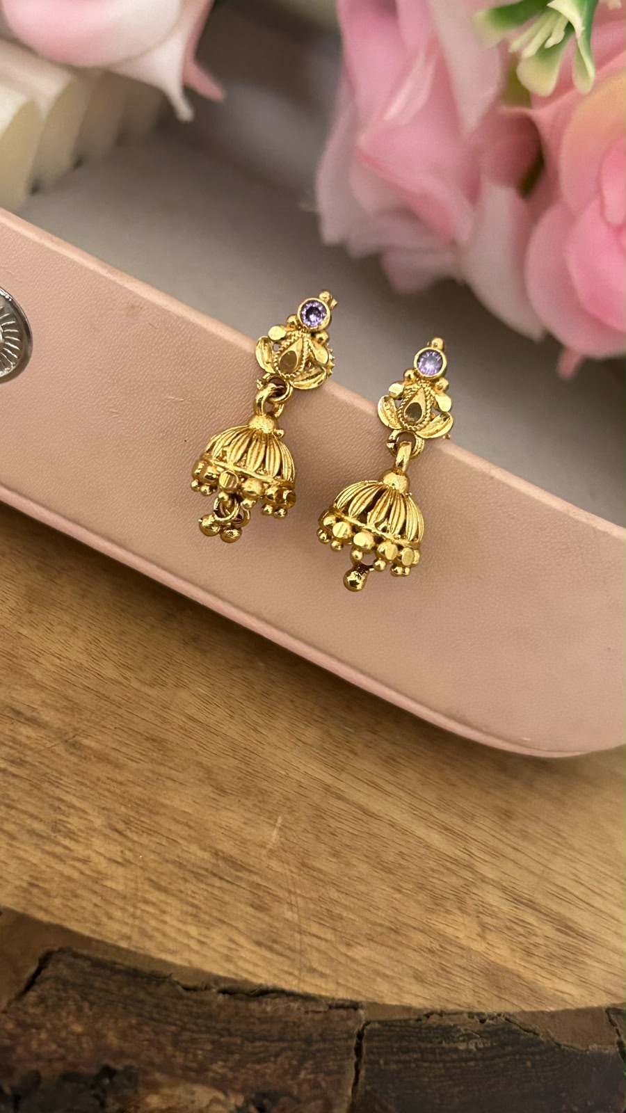 Traditional Mini Jhumka Screwback Earrings with Purple Stone – Gold Finish
