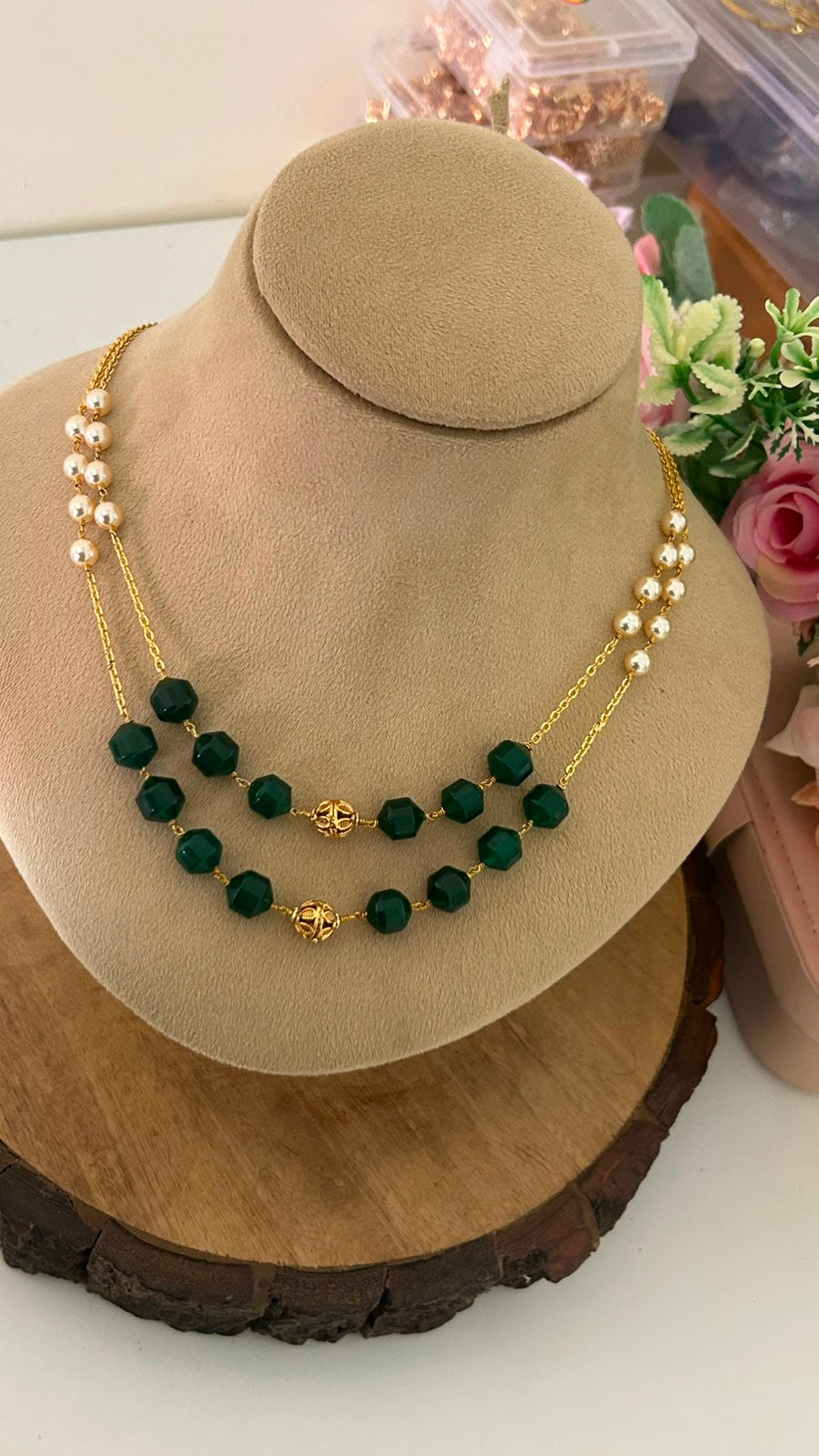 Black Square Beads Double Line Necklace with Pearl Accent