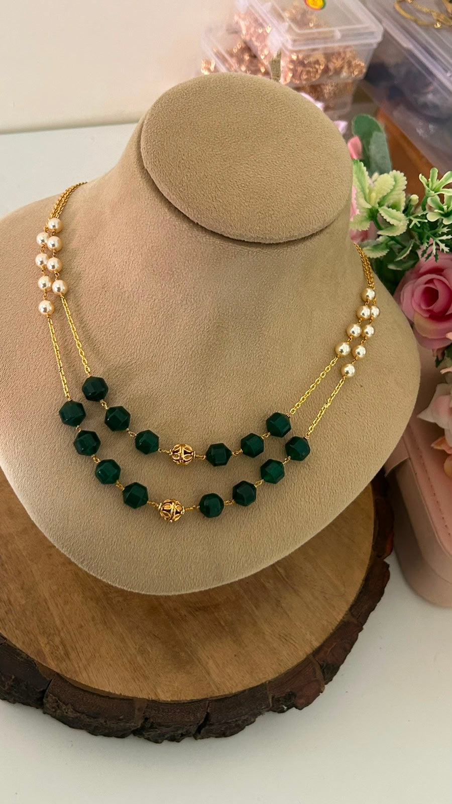 Black Square Beads Double Line Necklace with Pearl Accent