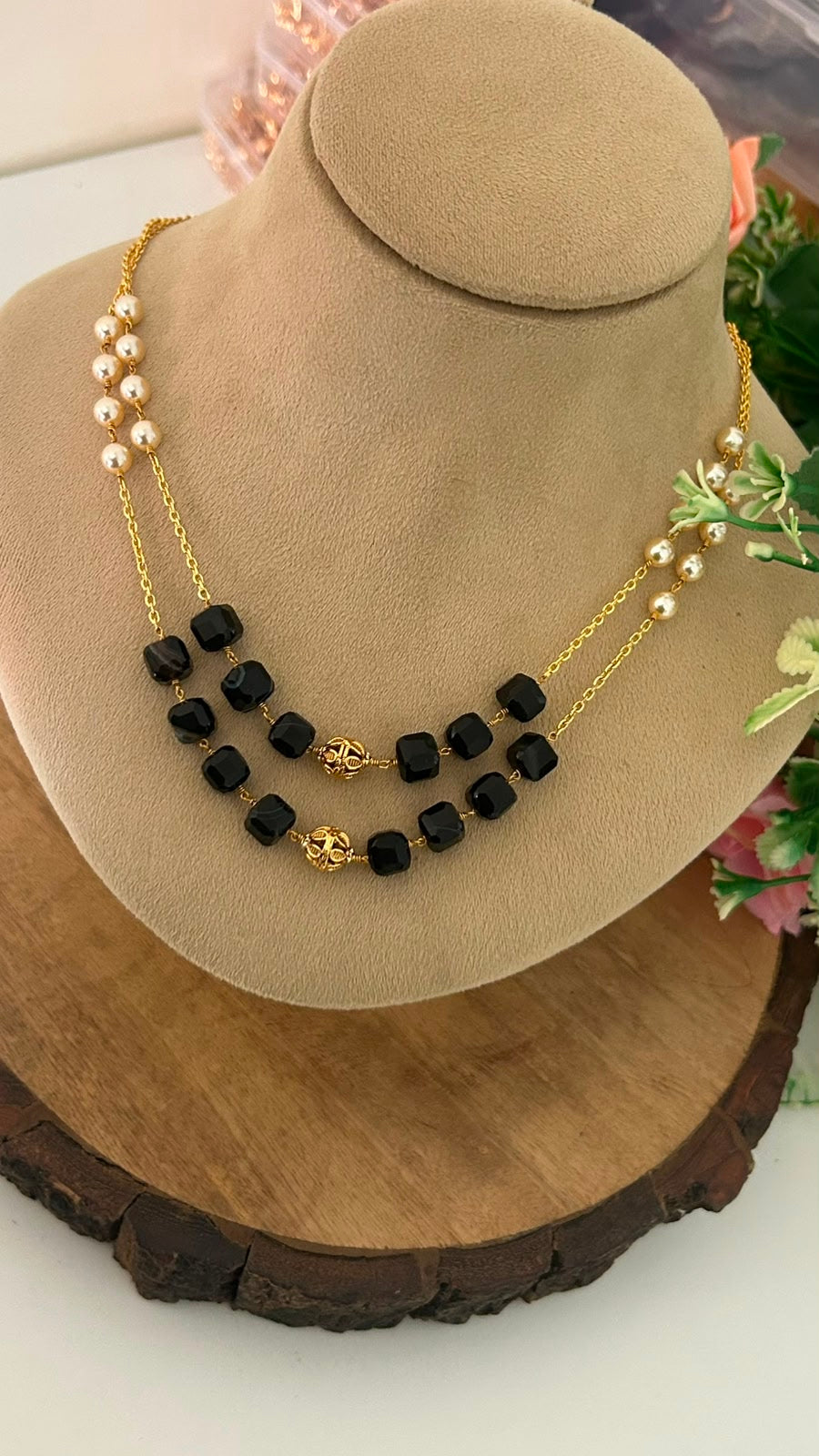 Black Square Beads Double Line Necklace with Pearl Accent