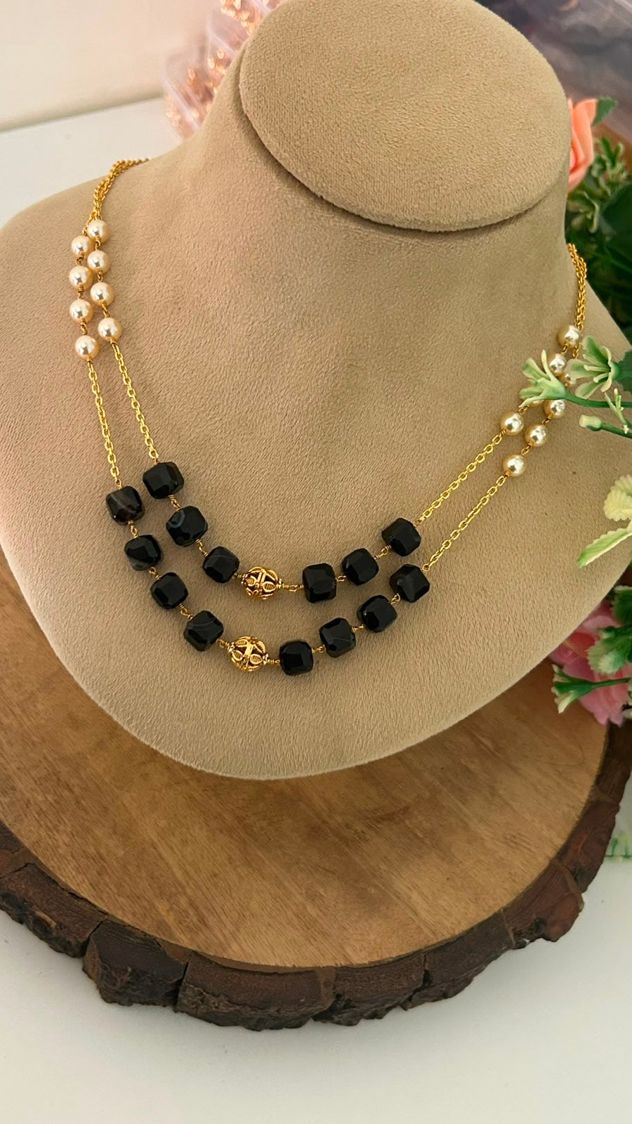 Black Square Beads Double Line Necklace with Pearl Accent