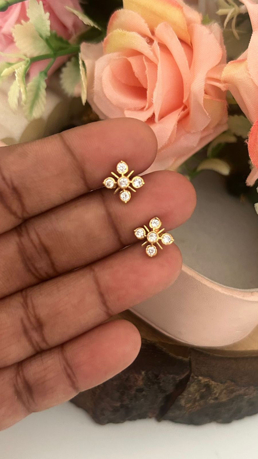 Traditional Panchaloham  very Small Stud Earrings with White Stones