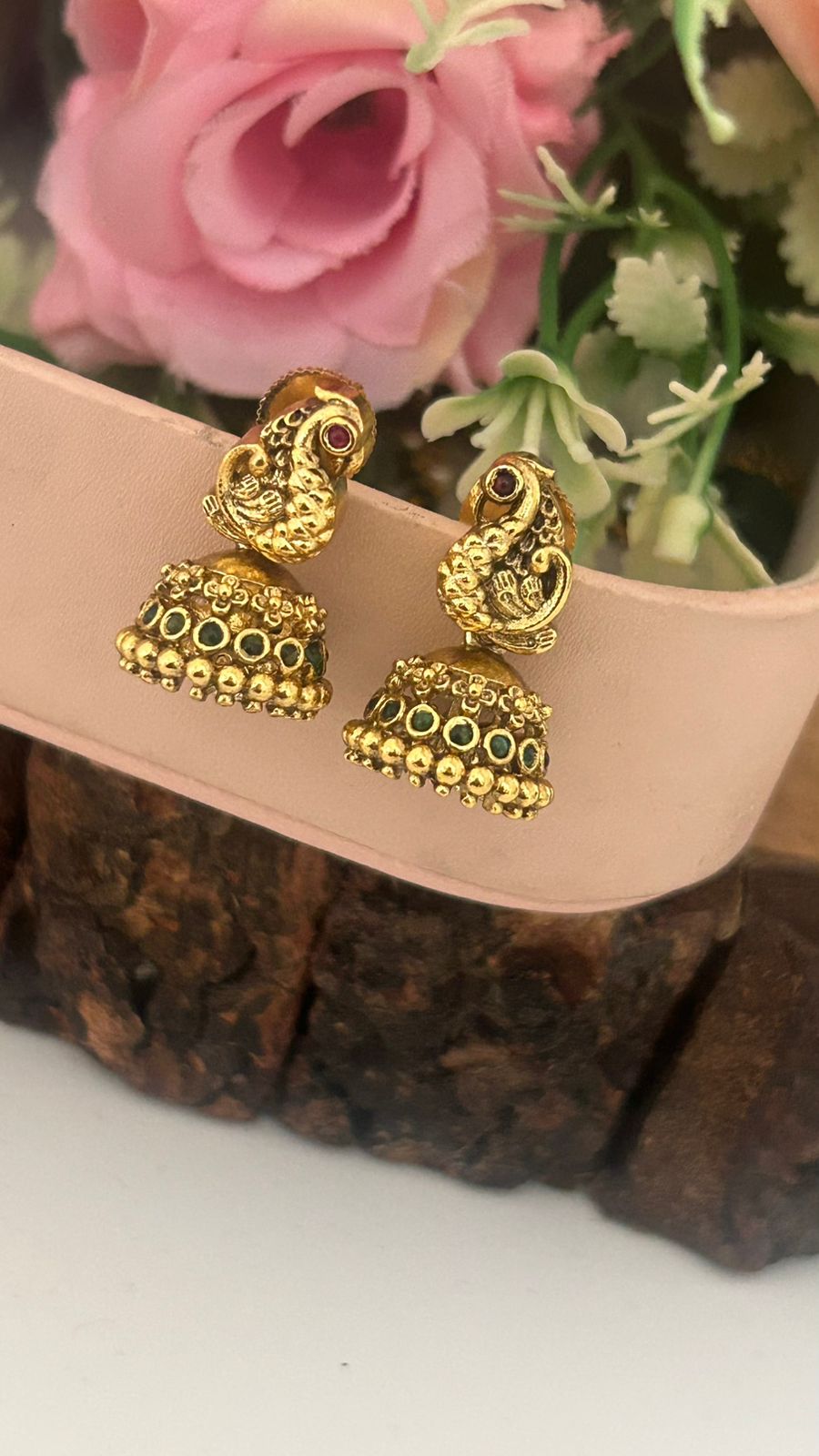 Traditional Peacock Design Pushback Jhumka Earrings with Green Stones