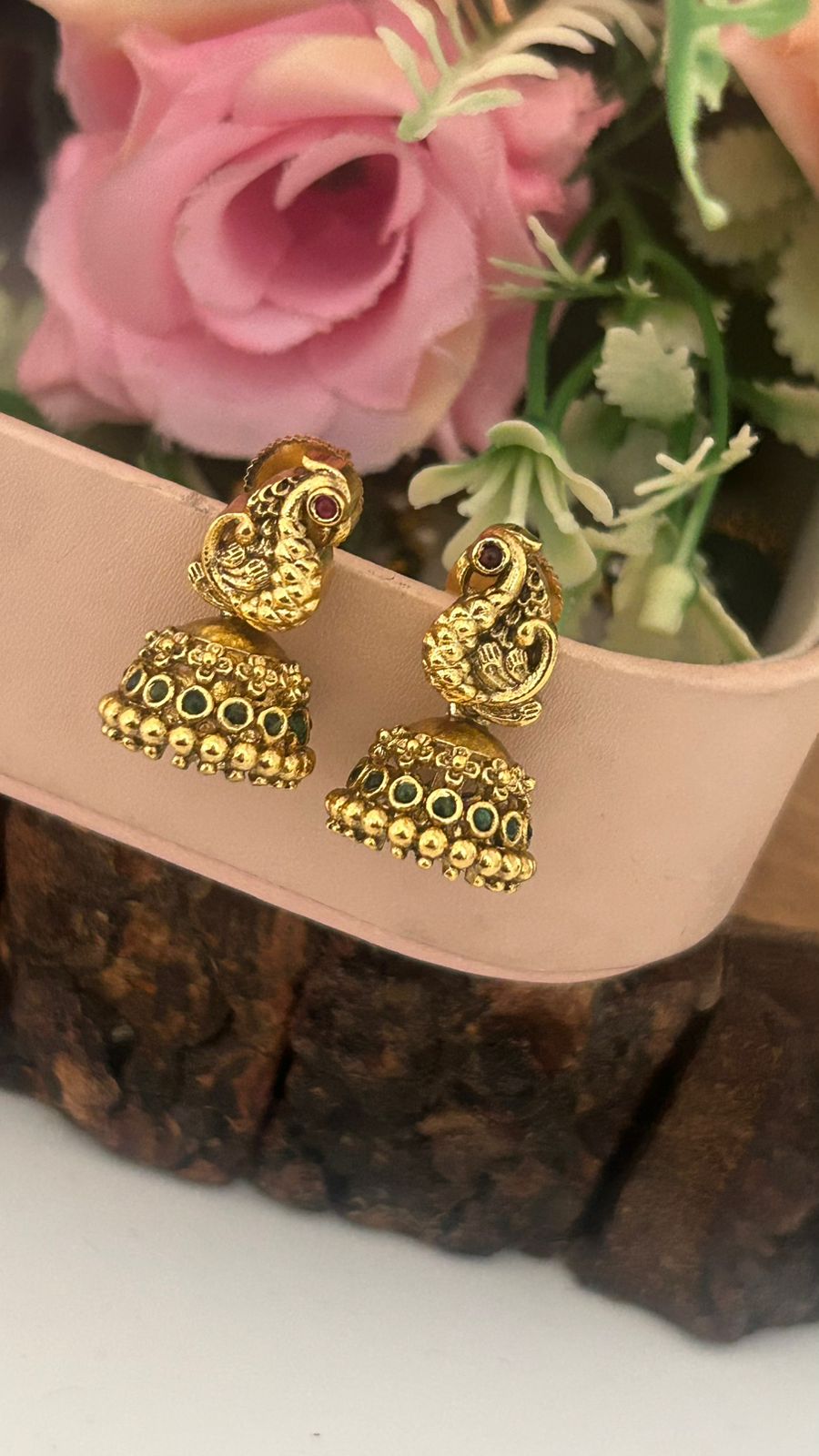 Traditional Peacock Design Pushback Jhumka Earrings with Green Stones