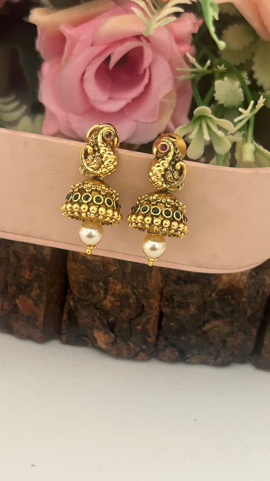 Traditional Peacock Design Pushback Jhumka Earrings with Green Stones