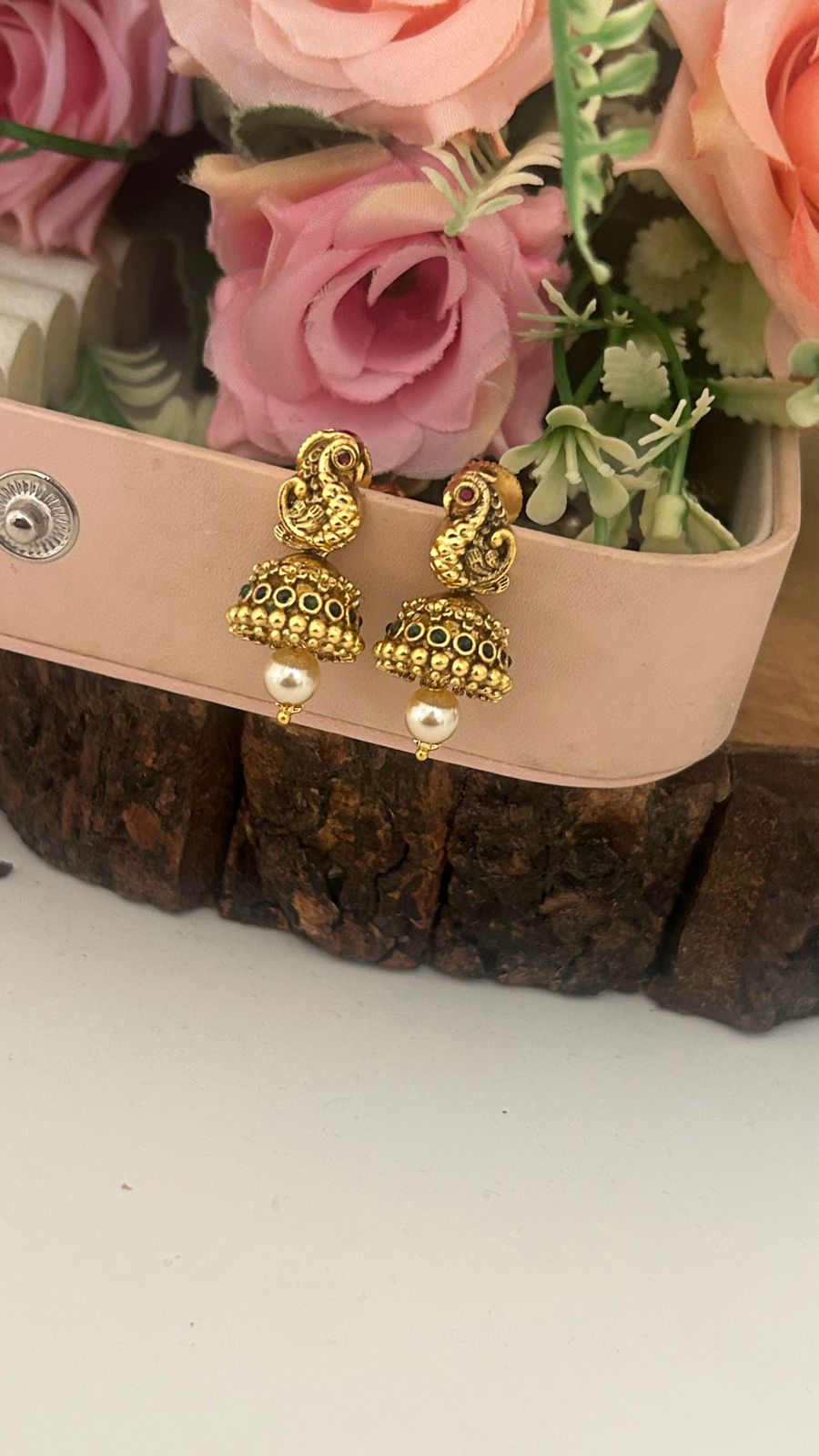 Traditional Peacock Design Pushback Jhumka Earrings with Green Stones