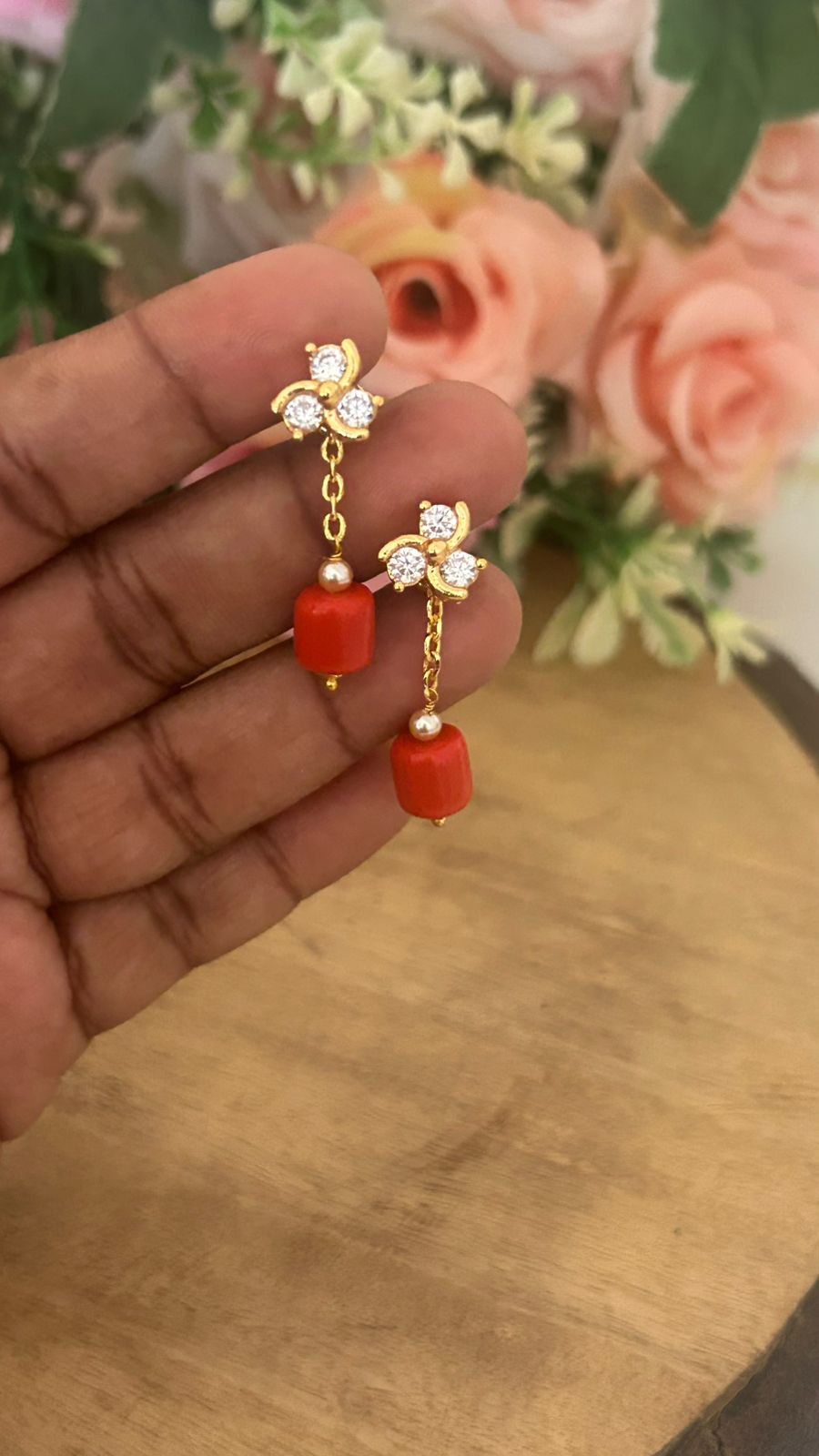 Panchaloham polished Big  white Stud Earrings with Detachable coral Drop