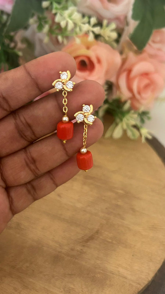 Panchaloham polished Big  white Stud Earrings with Detachable coral Drop