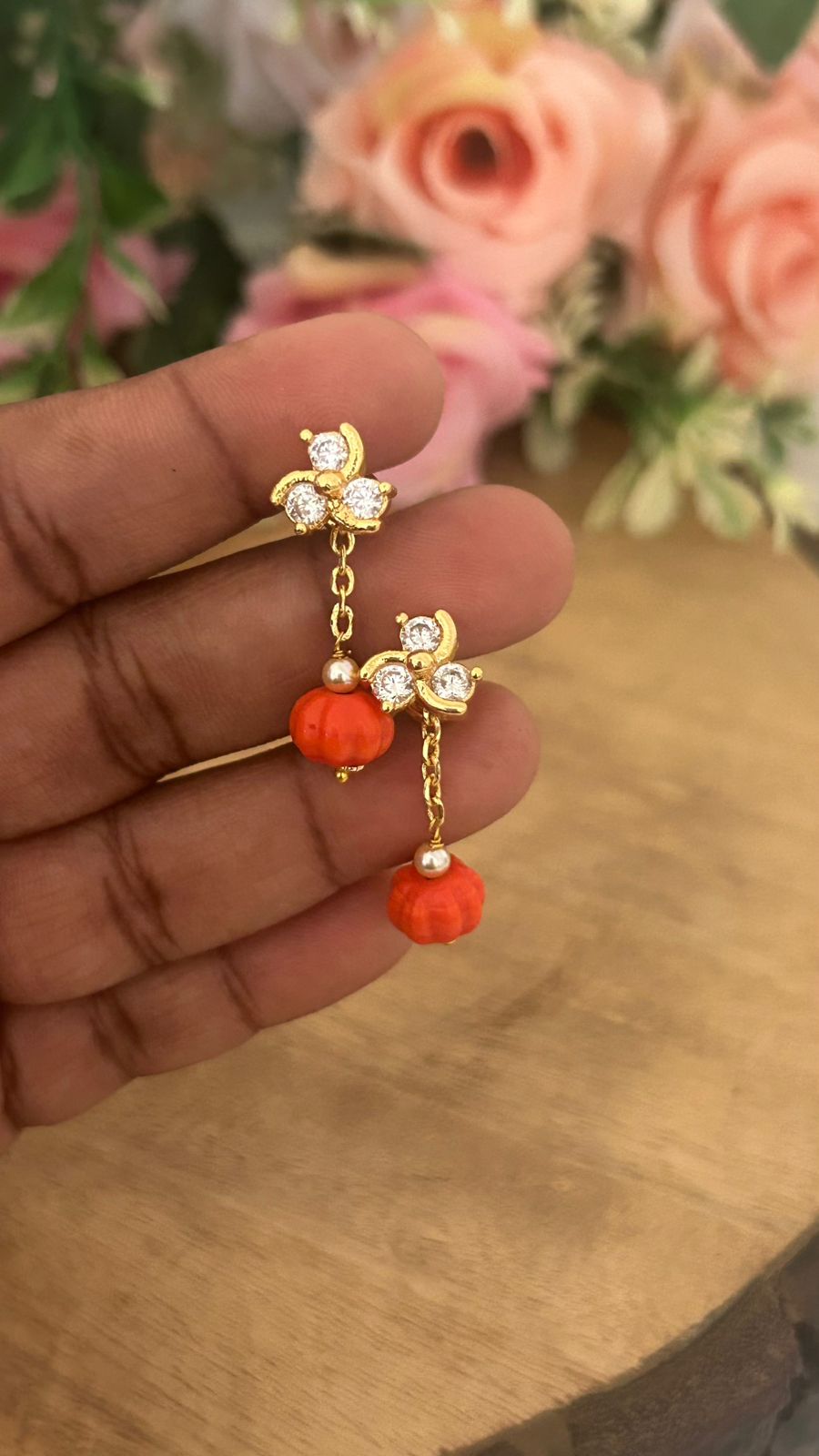 Panchaloham polished Big  white Stud Earrings with Detachable coral Drop