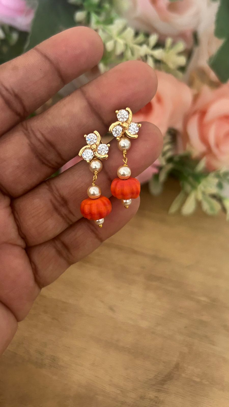 Panchaloham polished Big  white Stud Earrings with Detachable coral Drop