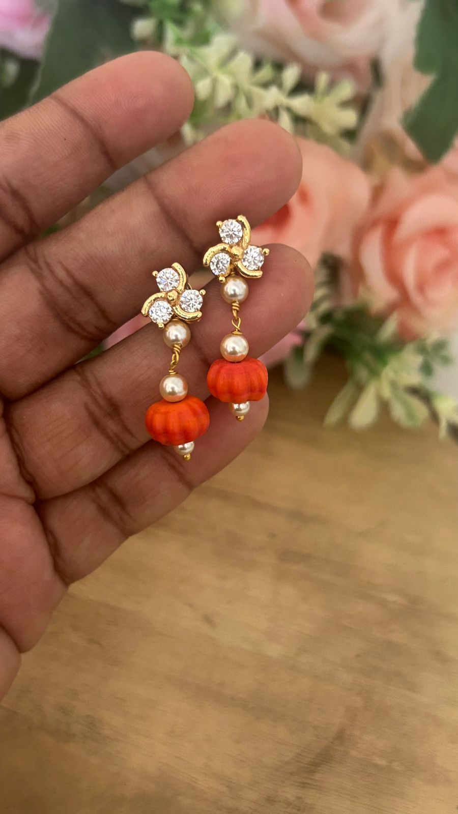 Panchaloham polished Big  white Stud Earrings with Detachable coral Drop