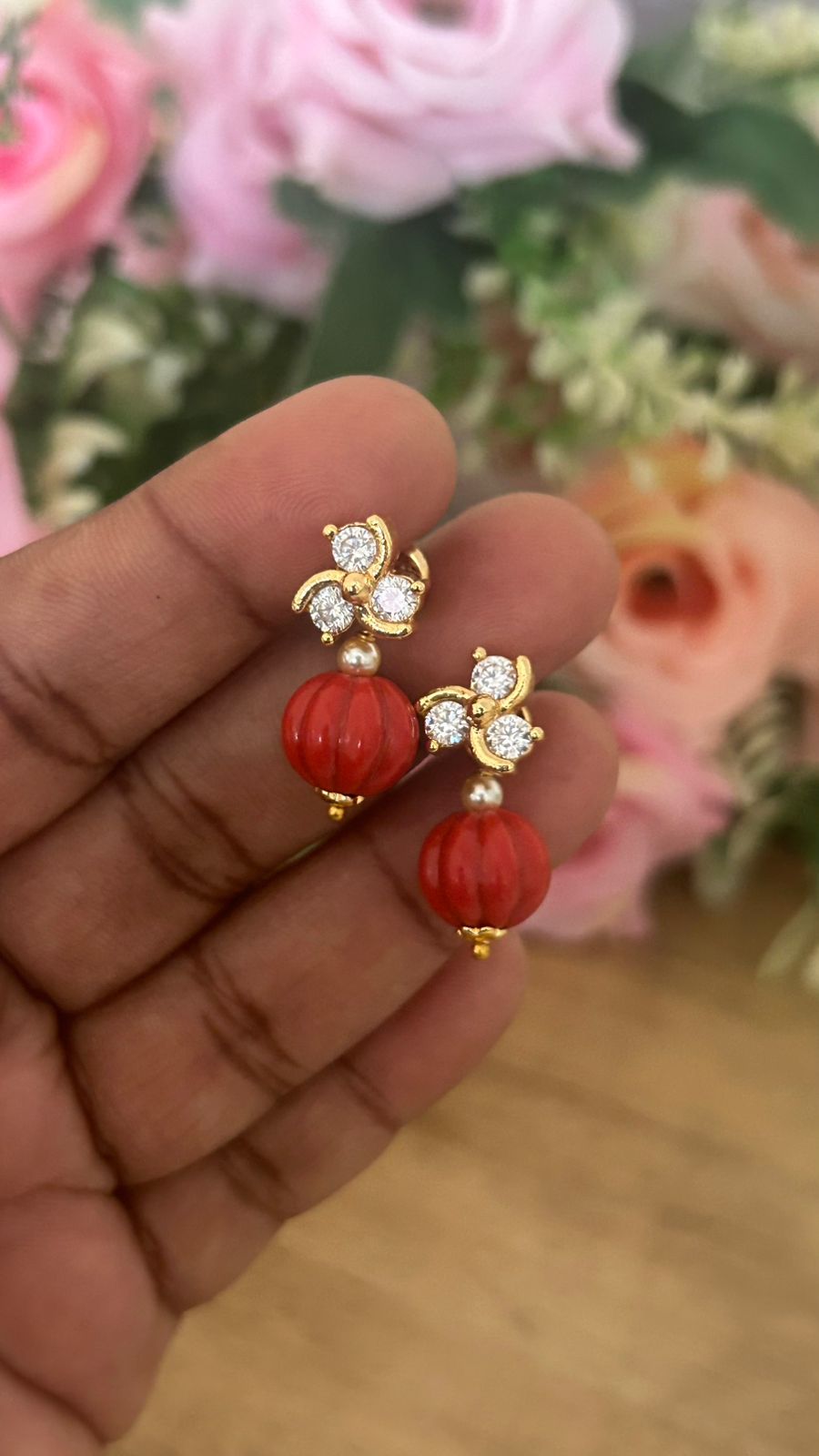 Panchaloham polished Big  white Stud Earrings with Detachable coral Drop