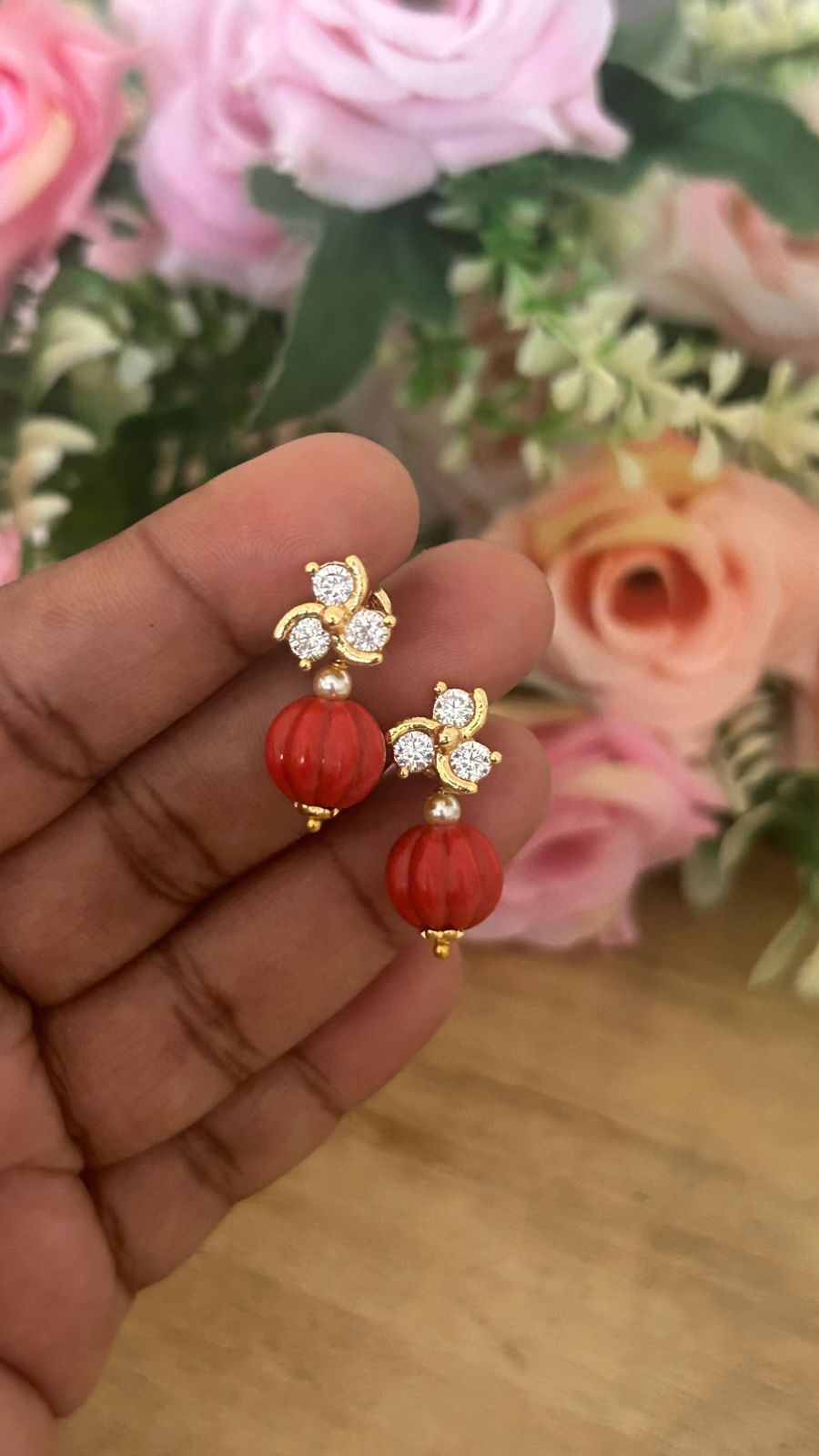 Panchaloham polished Big  white Stud Earrings with Detachable coral Drop