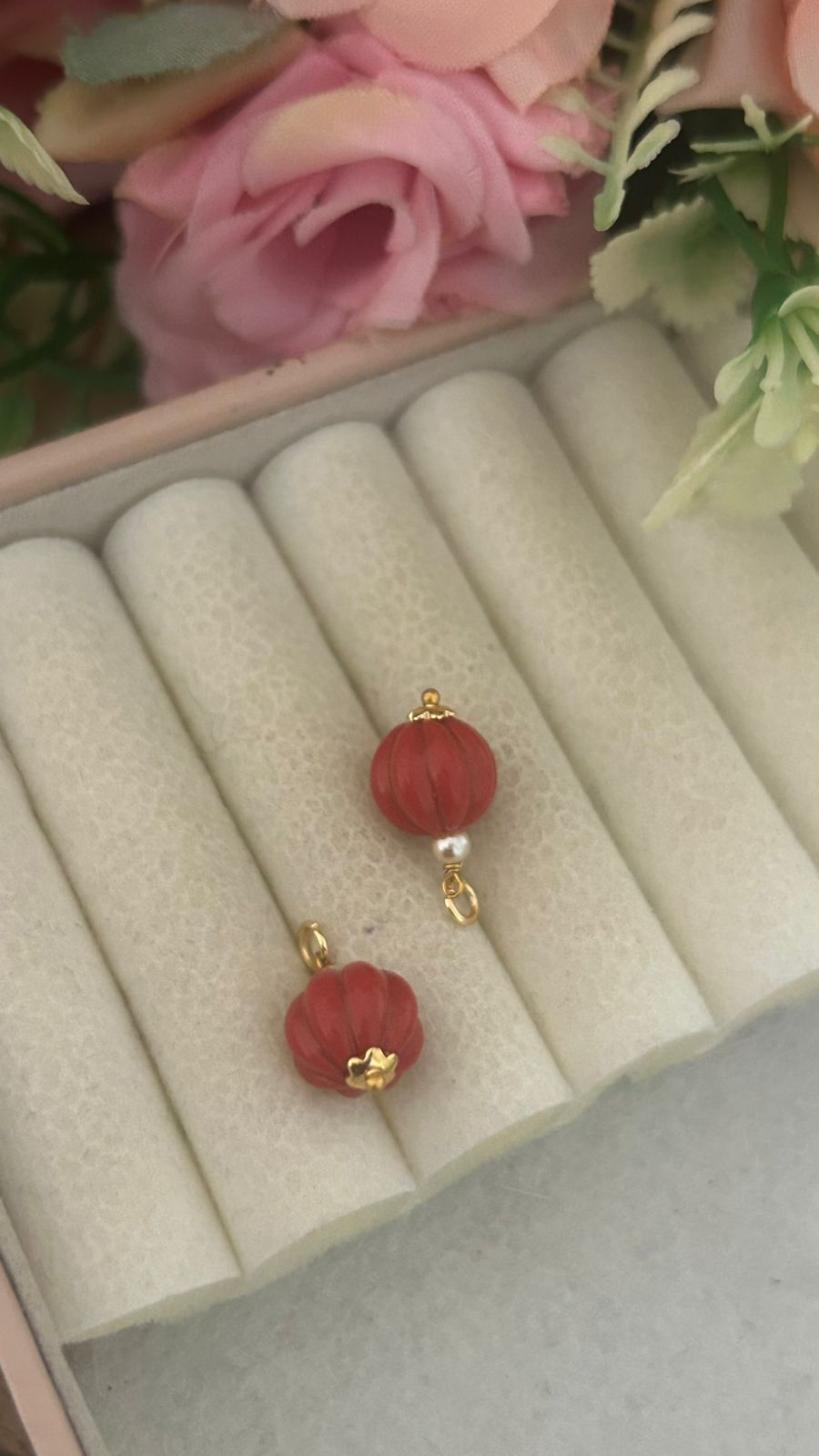 Panchaloham polished Big  white Stud Earrings with Detachable coral Drop