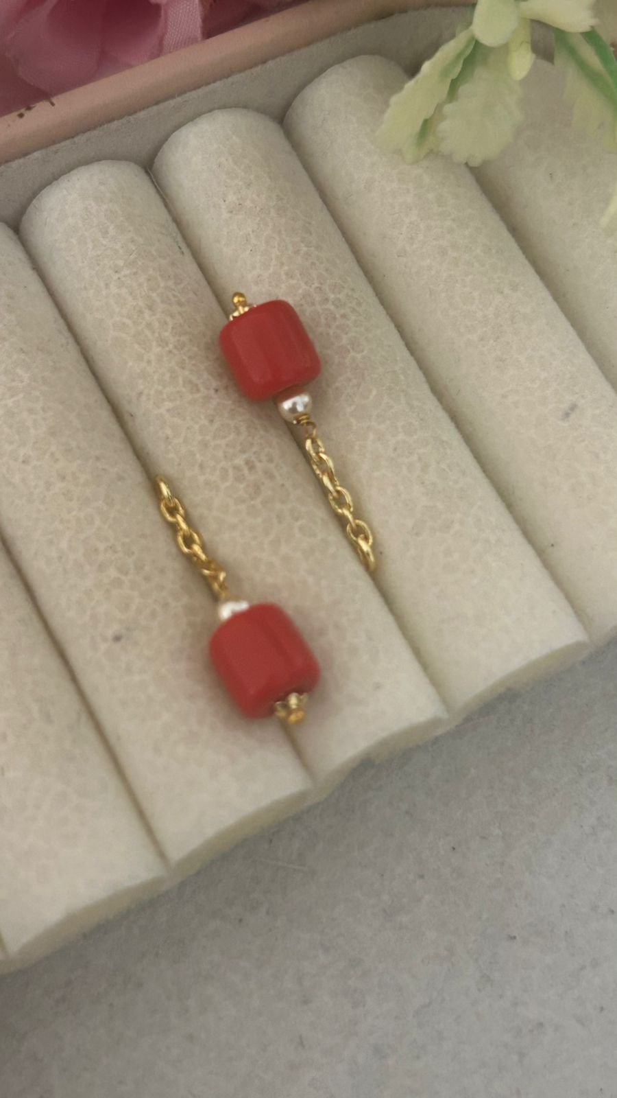 Panchaloham polished Big  white Stud Earrings with Detachable coral Drop