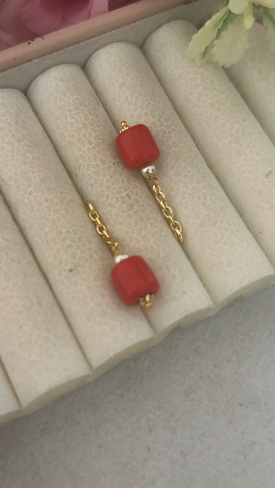 Panchaloham polished Big  white Stud Earrings with Detachable coral Drop