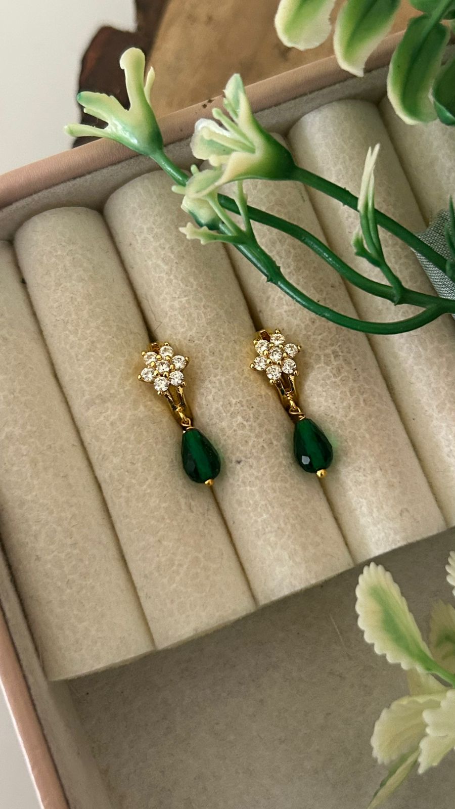 Floral Bali Earrings with Ruby Green  cz Drop Hanging