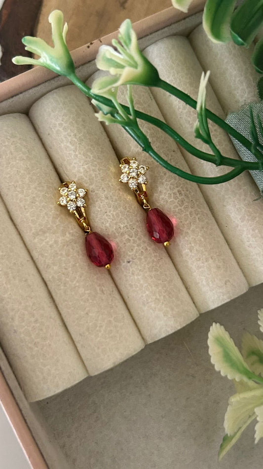 Floral Bali Earrings with Ruby Green  cz Drop Hanging
