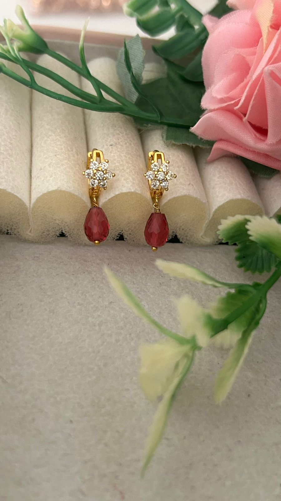 Floral Bali Earrings with Ruby Green  cz Drop Hanging