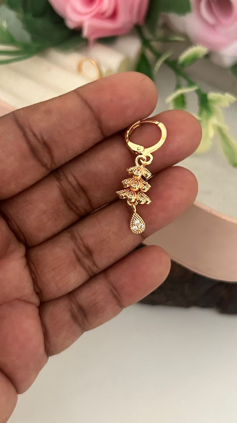 CZ Floral Bali Earrings with Hanging Drop Design