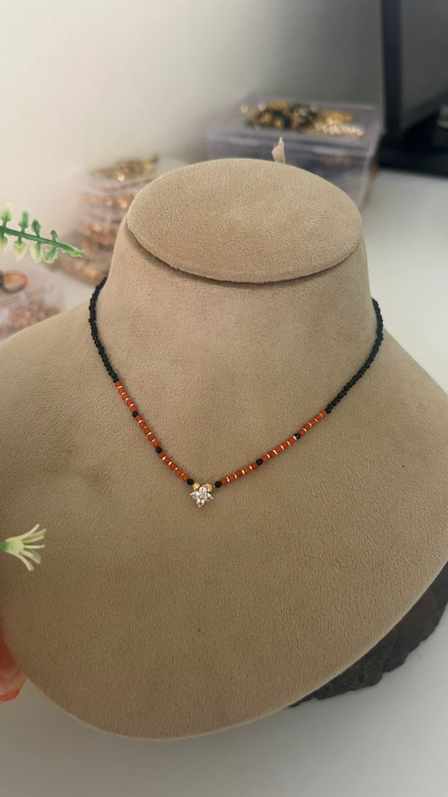 Handmade 16 Inch Black Beads Necklace with Red Coral Beads & CZ Flower Pendant