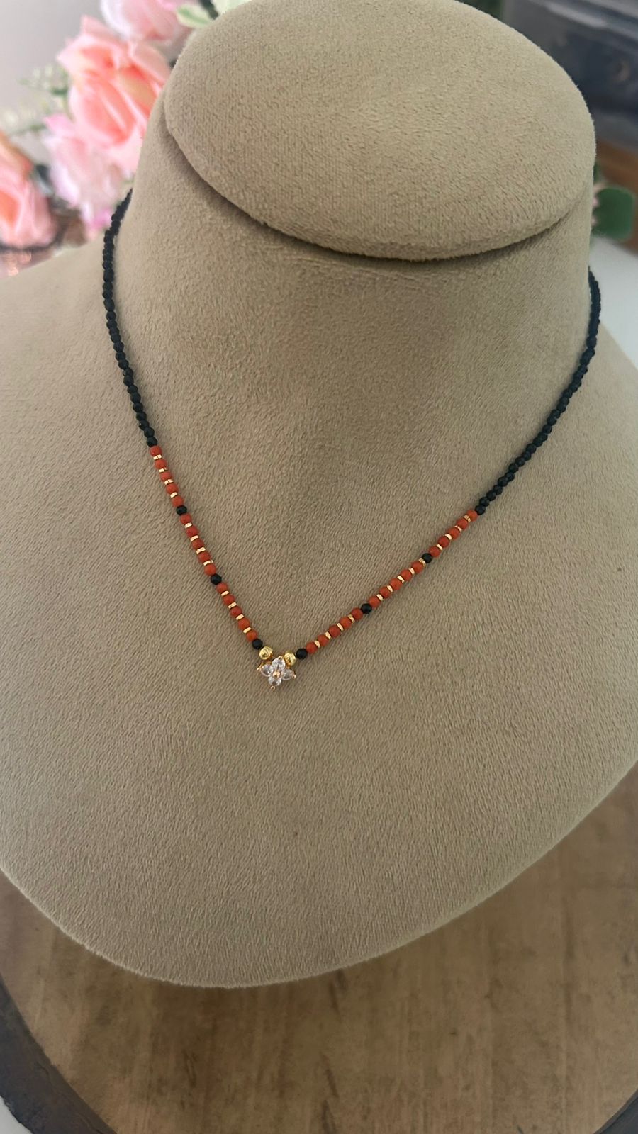 Handmade 16 Inch Black Beads Necklace with Red Coral Beads & CZ Flower Pendant
