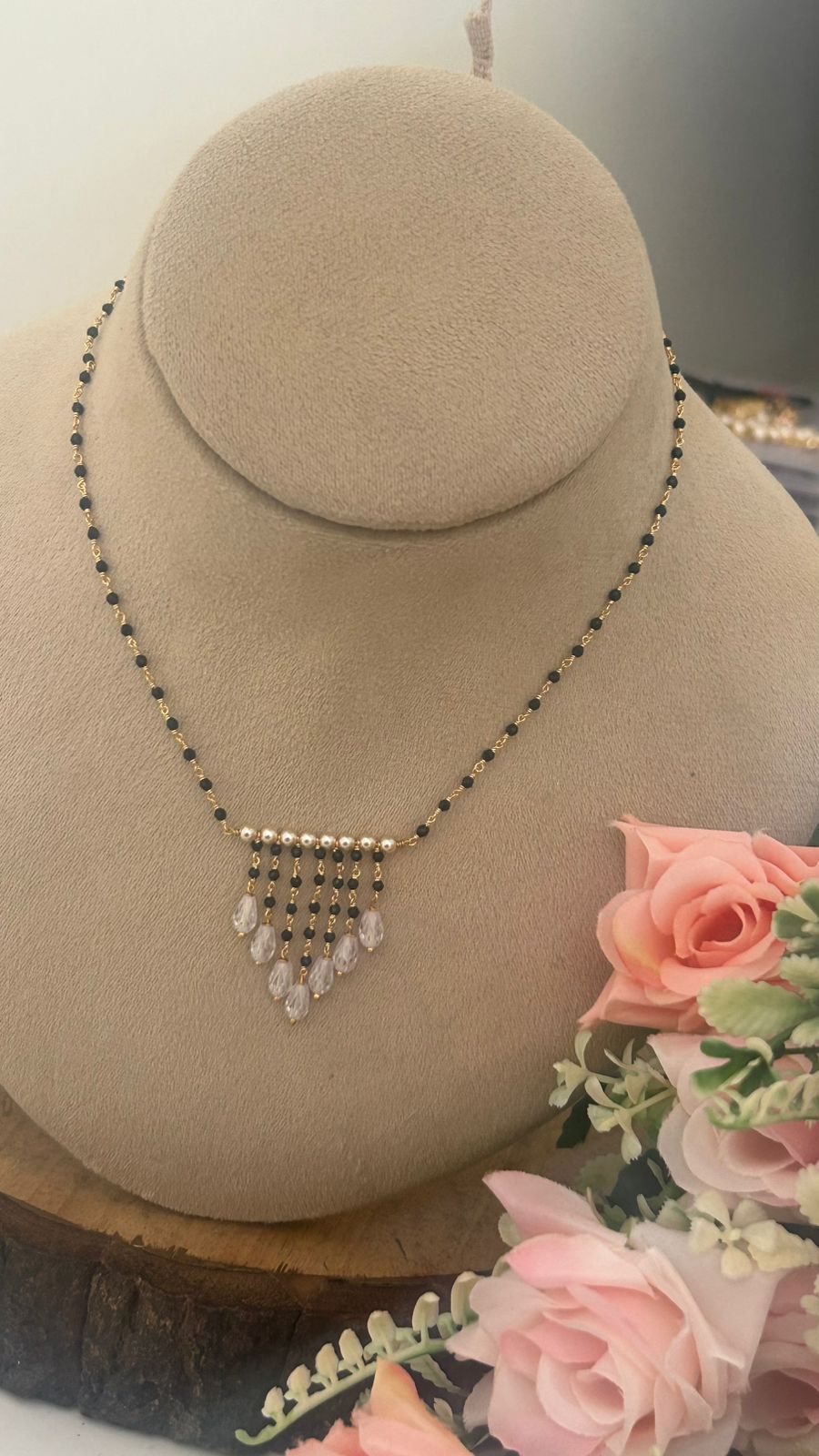 Handmade Black Beads 16 Inch Necklace with Pearl Drop Pendant