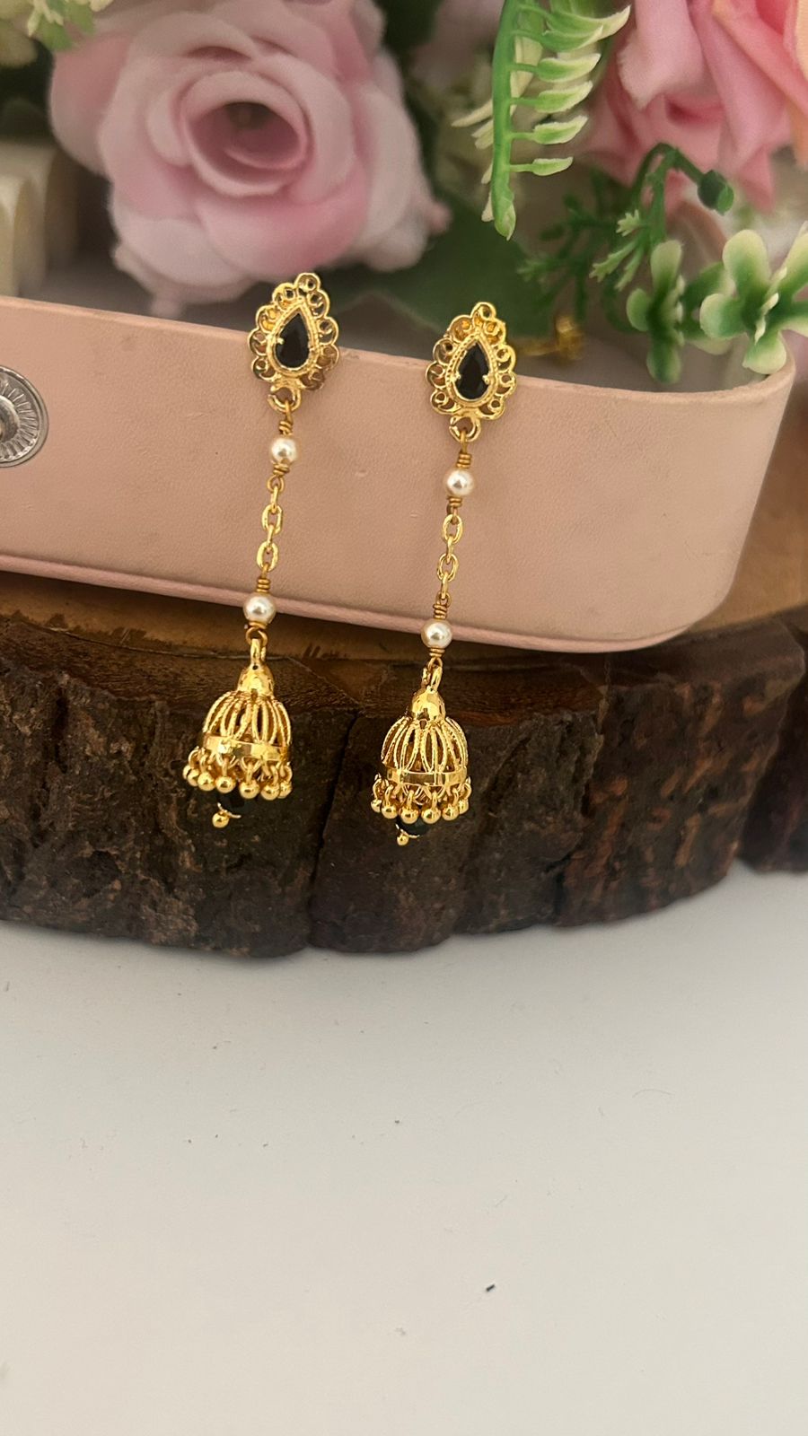 Traditional Black Stone Screwback String Earrings with Mini Jhumka
