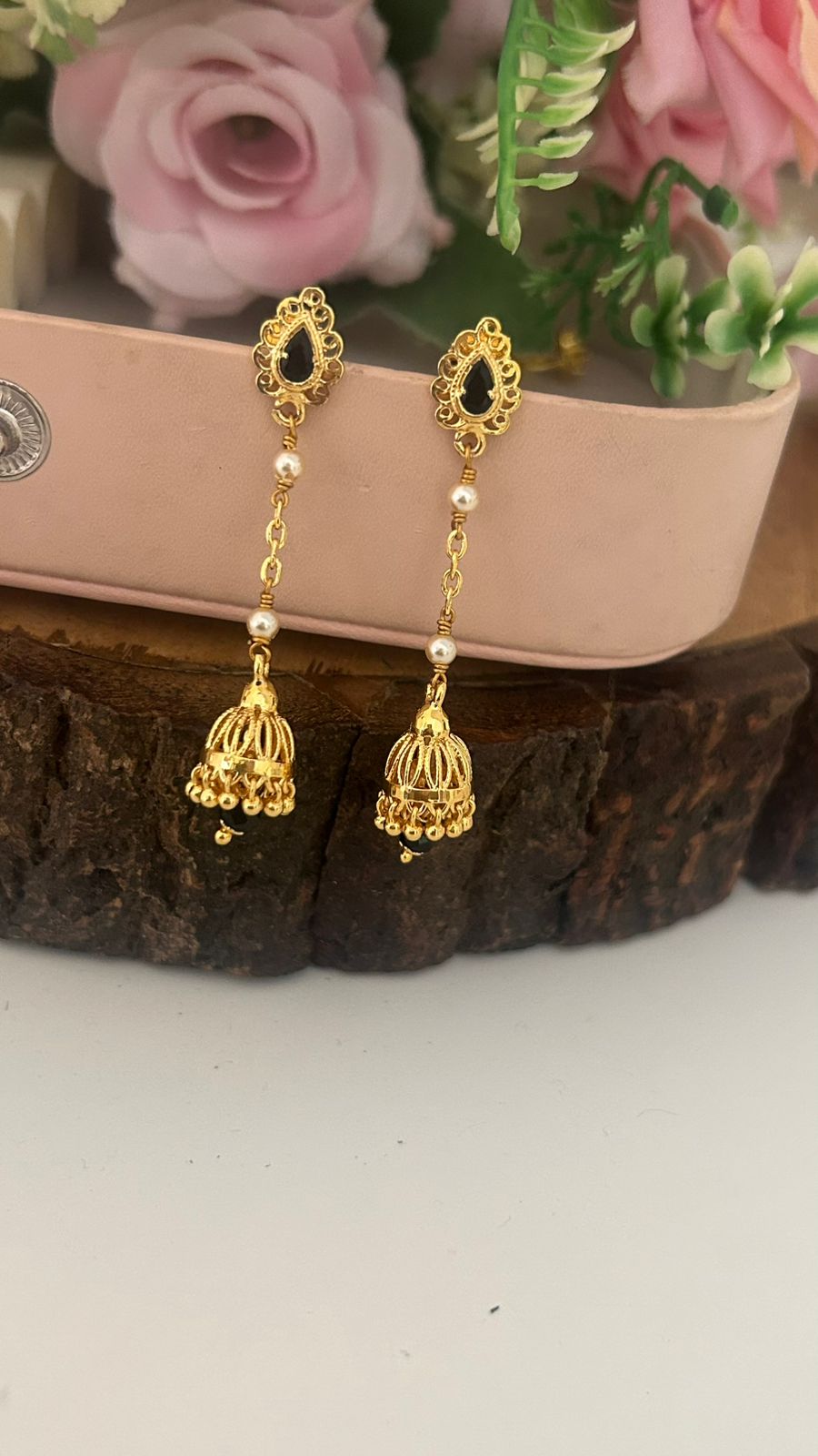 Traditional Black Stone Screwback String Earrings with Mini Jhumka