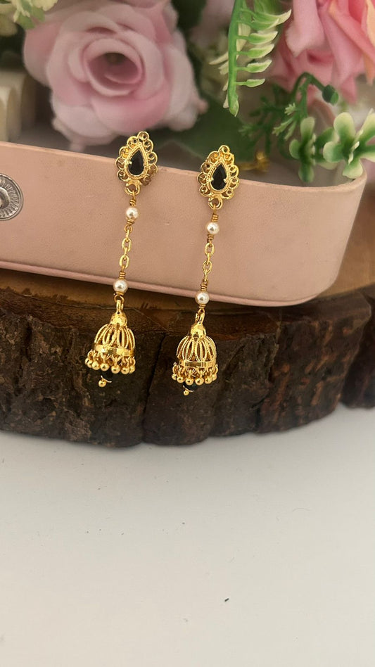 Traditional Black Stone Screwback String Earrings with Mini Jhumka