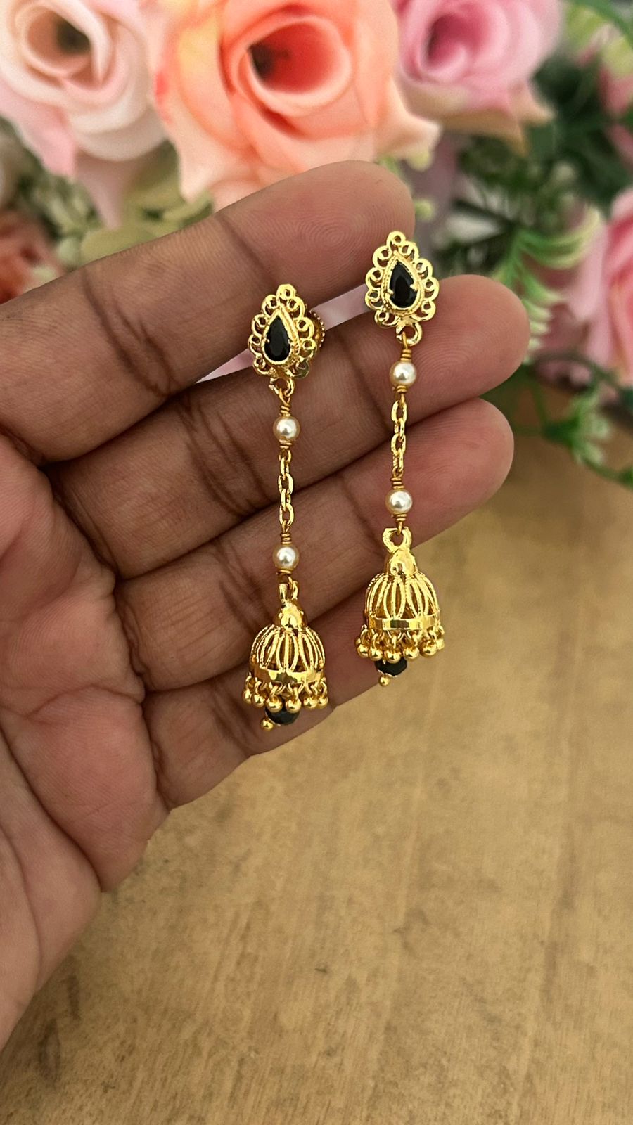 Traditional Black Stone Screwback String Earrings with Mini Jhumka