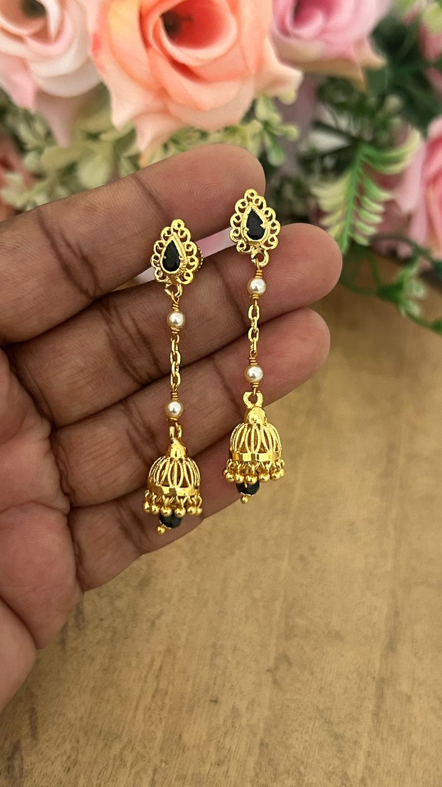 Traditional Black Stone Screwback String Earrings with Mini Jhumka