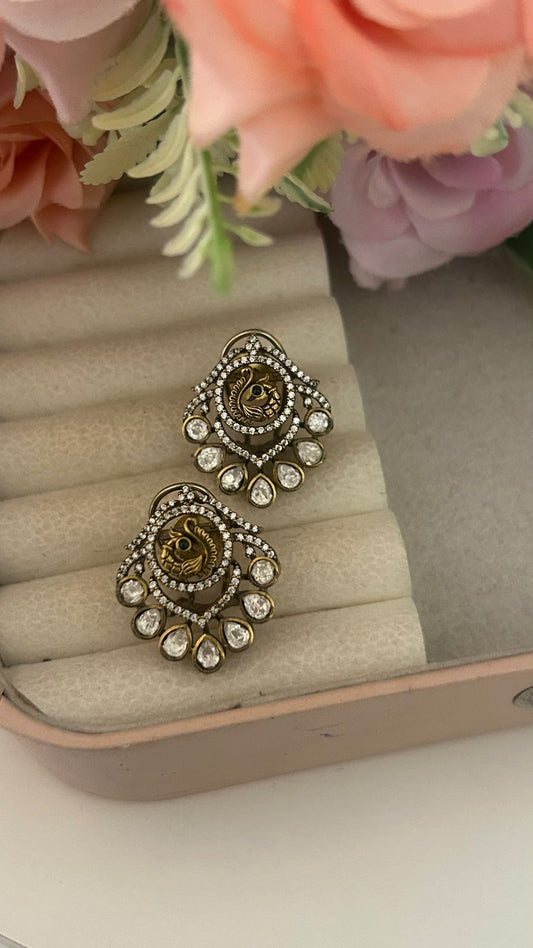 Premium Moissanite Pushback Earrings with Peacock Design – Antique Gold Finish
