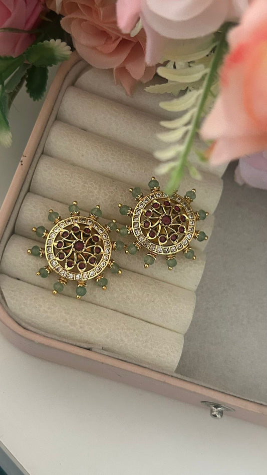 Premium Green Beads Ruby Stone Pushback Earrings with White Stones