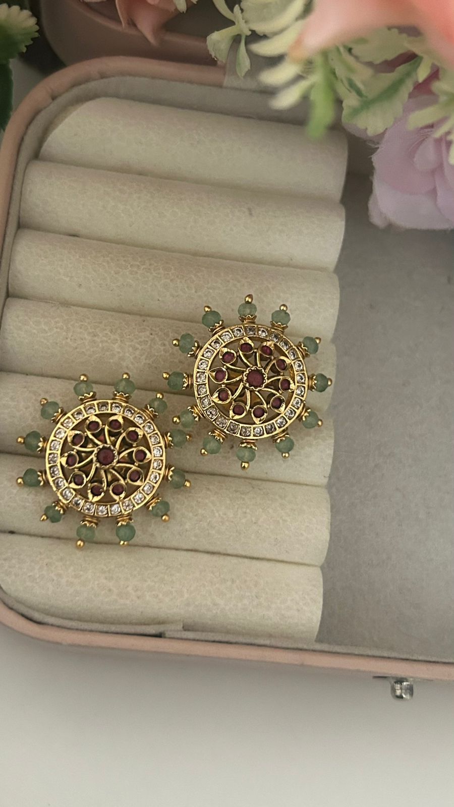 Premium Green Beads Ruby Stone Pushback Earrings with White Stones