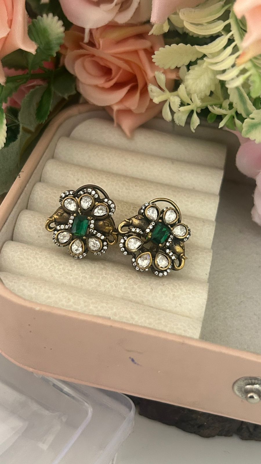 Premium Moissanite Green Stone Pushback Earrings with Elephant Motif – Antique Gold Finish