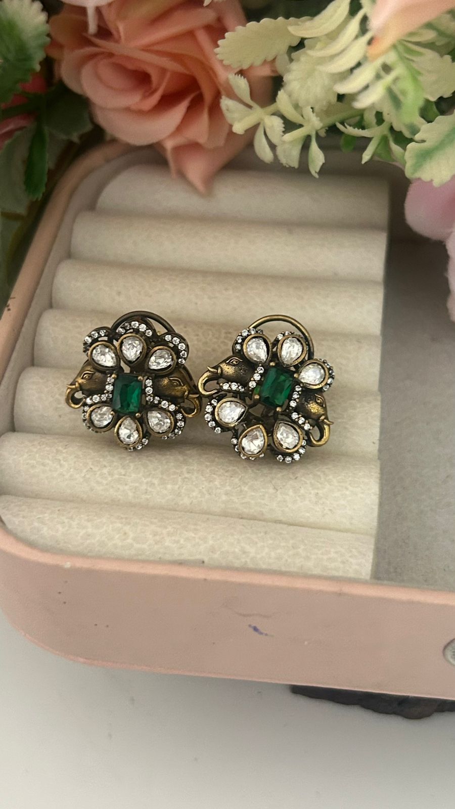 Premium Moissanite Green Stone Pushback Earrings with Elephant Motif – Antique Gold Finish