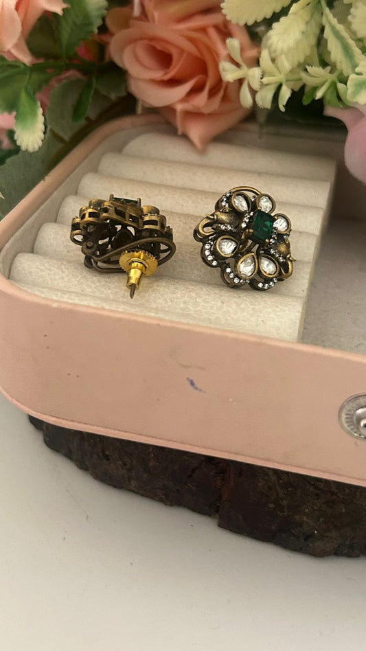 Premium Moissanite Green Stone Pushback Earrings with Elephant Motif – Antique Gold Finish