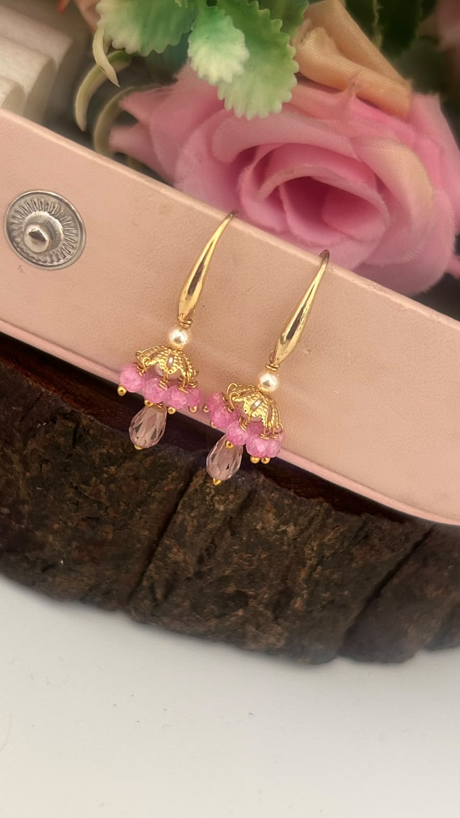 Gold Look CZ Beaded Hanging Earrings with Pearl & Crystal Drop
