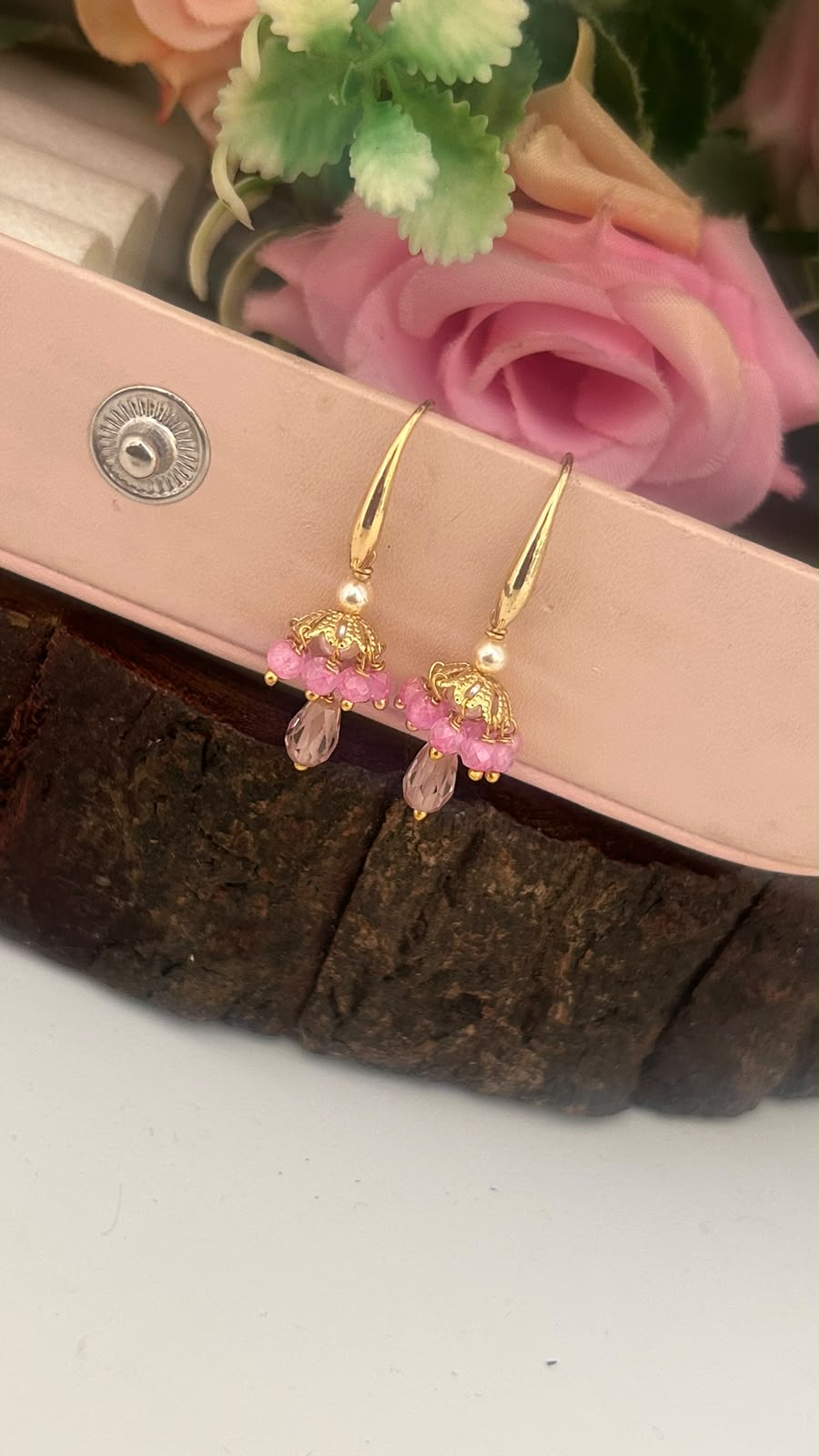 Gold Look CZ Beaded Hanging Earrings with Pearl & Crystal Drop