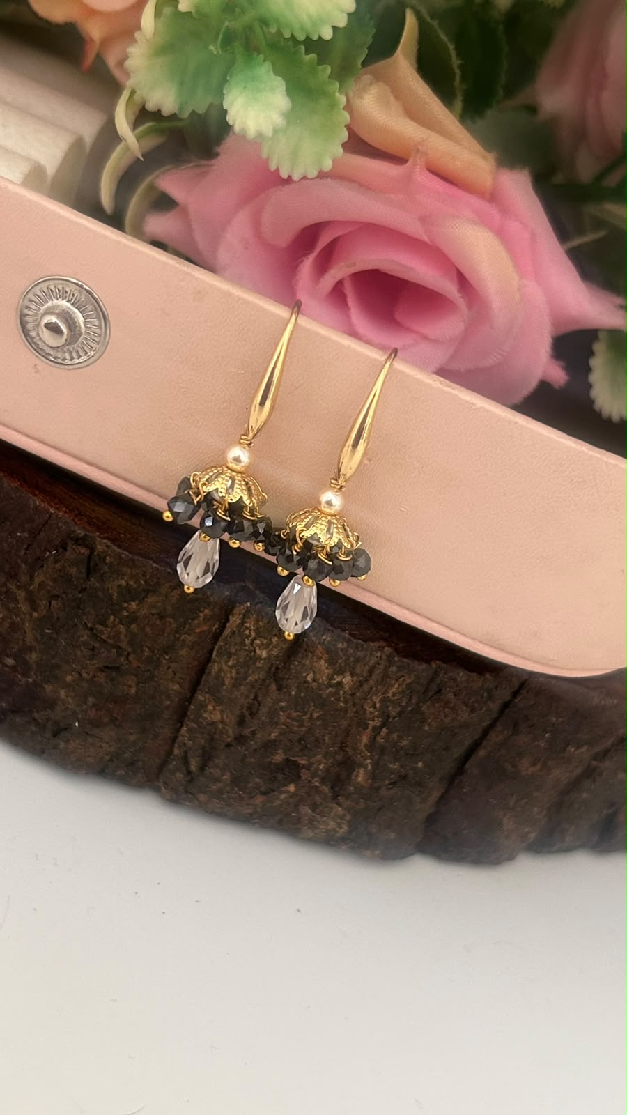 Gold Look CZ Beaded Hanging Earrings with Pearl & Crystal Drop