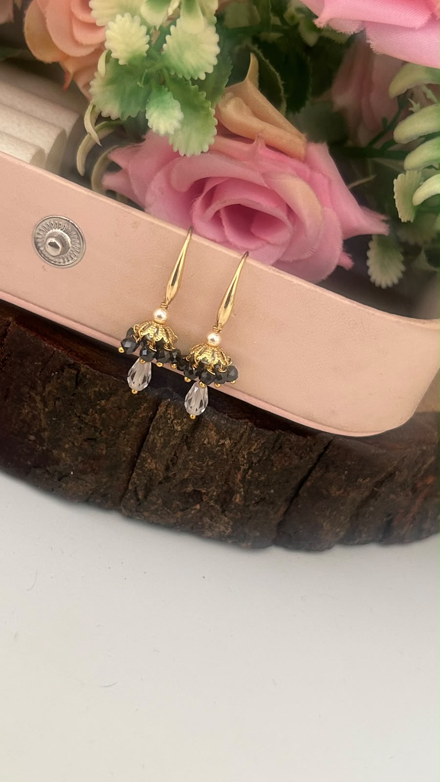 Gold Look CZ Beaded Hanging Earrings with Pearl & Crystal Drop