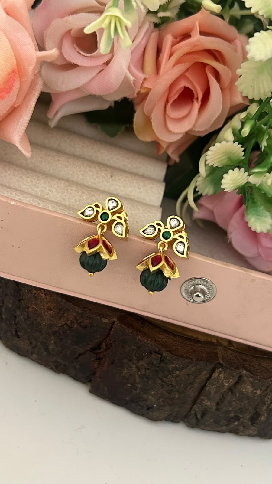 Gold Look Kundan Screwback Earrings with Green Bead Drop for Women