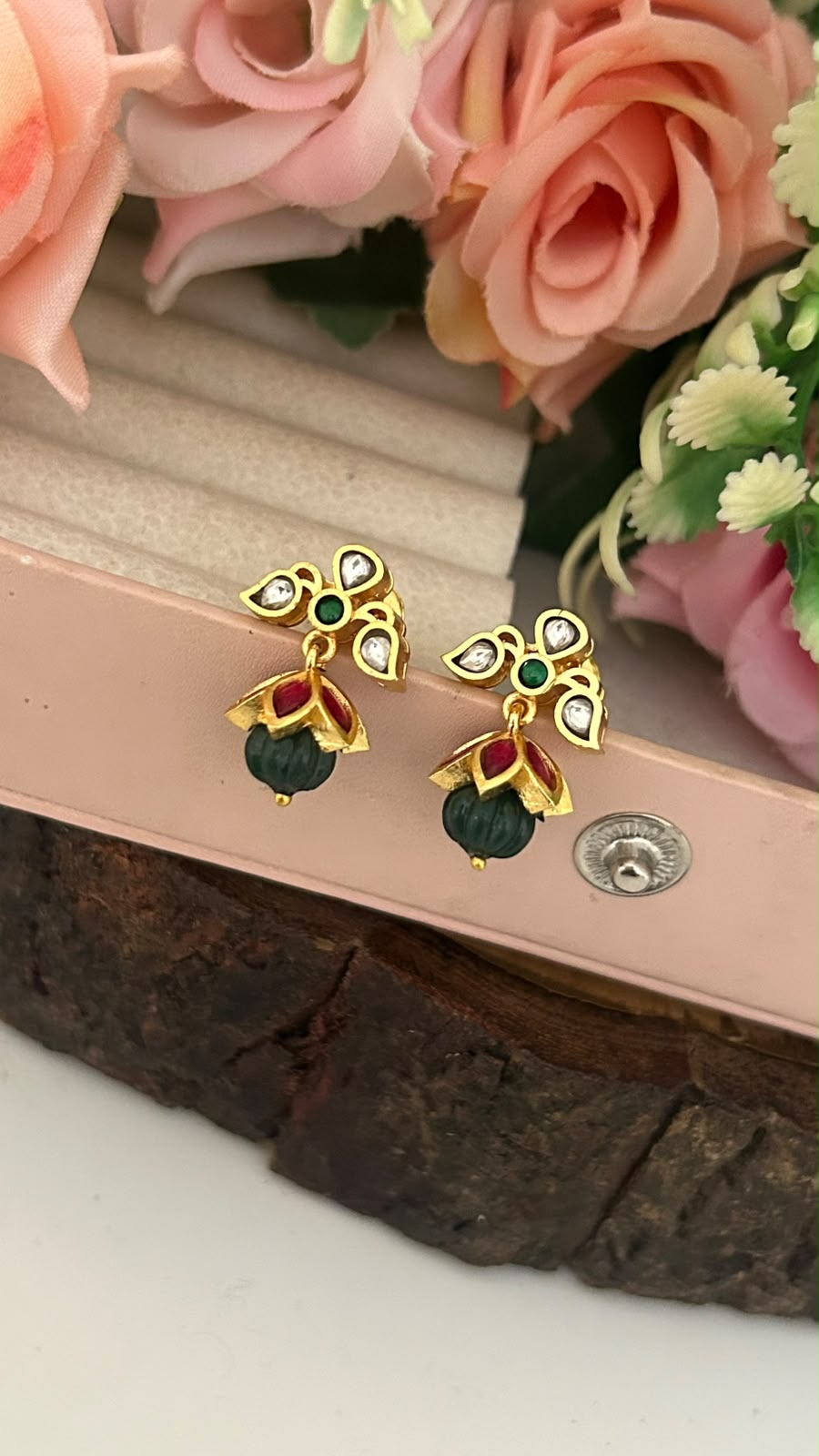 Gold Look Kundan Screwback Earrings with Green Bead Drop for Women