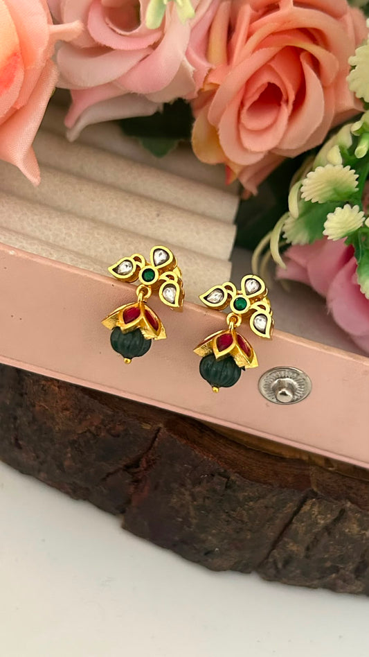 Gold Look Kundan Screwback Earrings with Green Bead Drop for Women