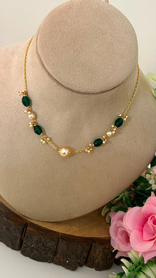 Handmade Green CZ Beads & Swarovski Pearl 16 Inch neck chain