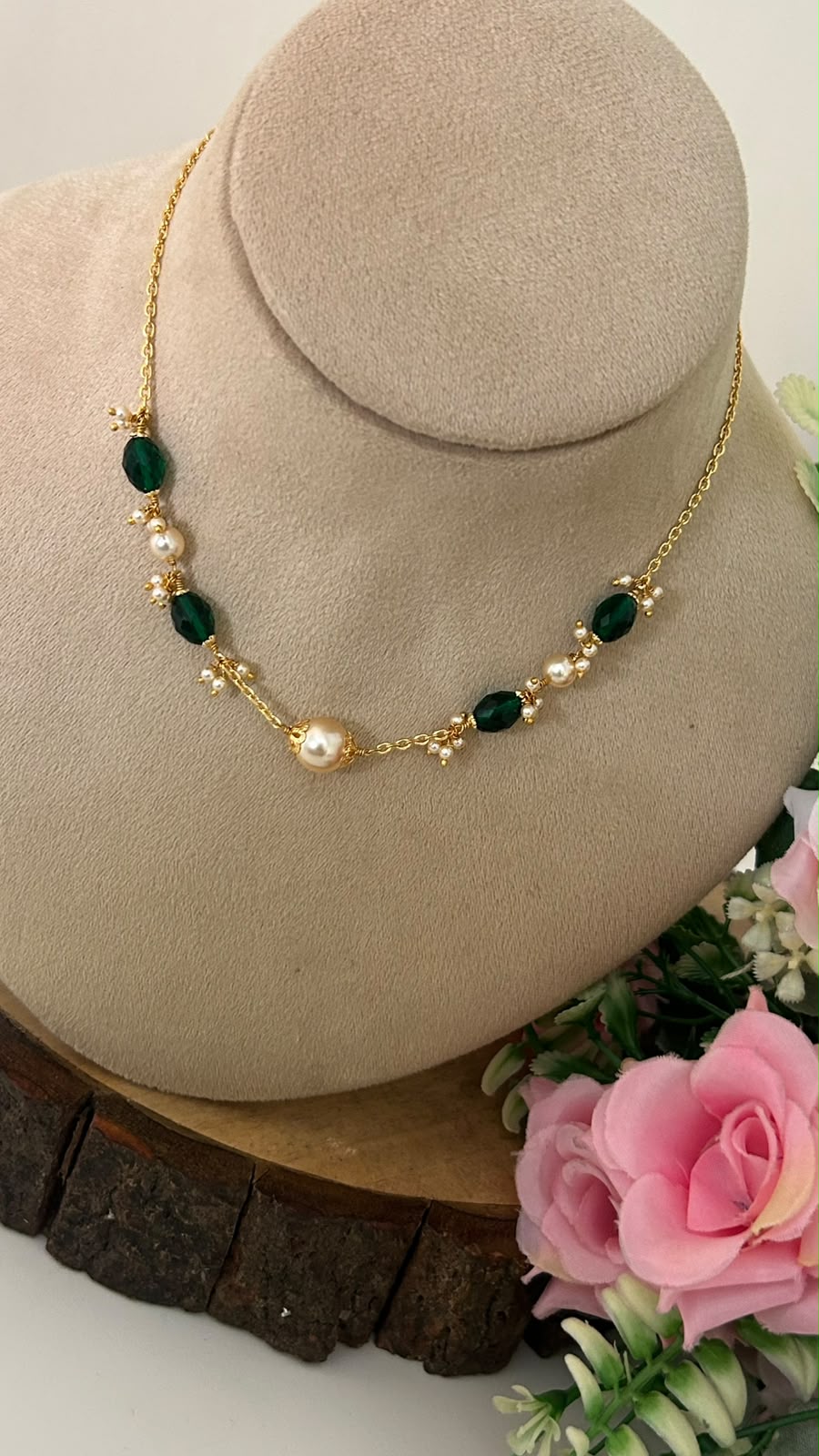 Handmade Green CZ Beads & Swarovski Pearl 16 Inch neck chain