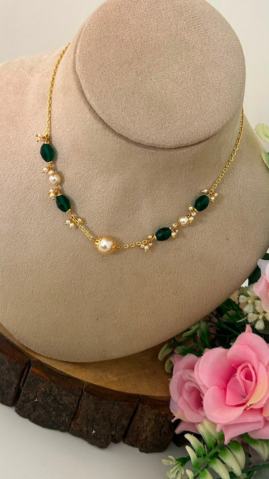 Handmade Green CZ Beads & Swarovski Pearl 16 Inch neck chain