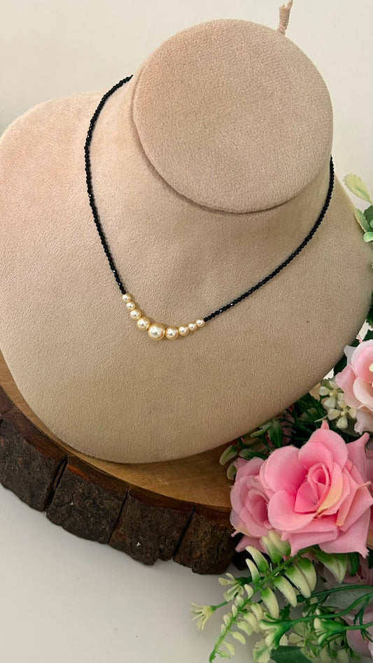 Handmade Black Crystal Beads and Swarovski Pearl  blackbeads in 16 inches