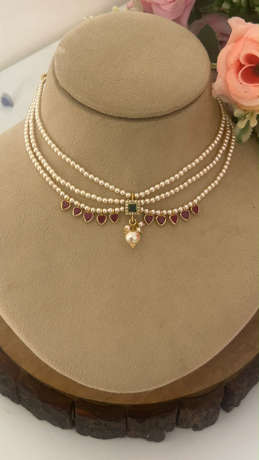 Pearl Choker Necklace with Green Pendant & Heart Polki Drops – Traditional Layered Choker